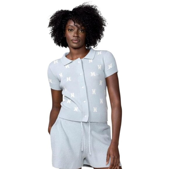 Honor The Gift Sweater Women XS Blue Gray Knit Monogram Short Sleeve Polo Preppy - Picture 1 of 12